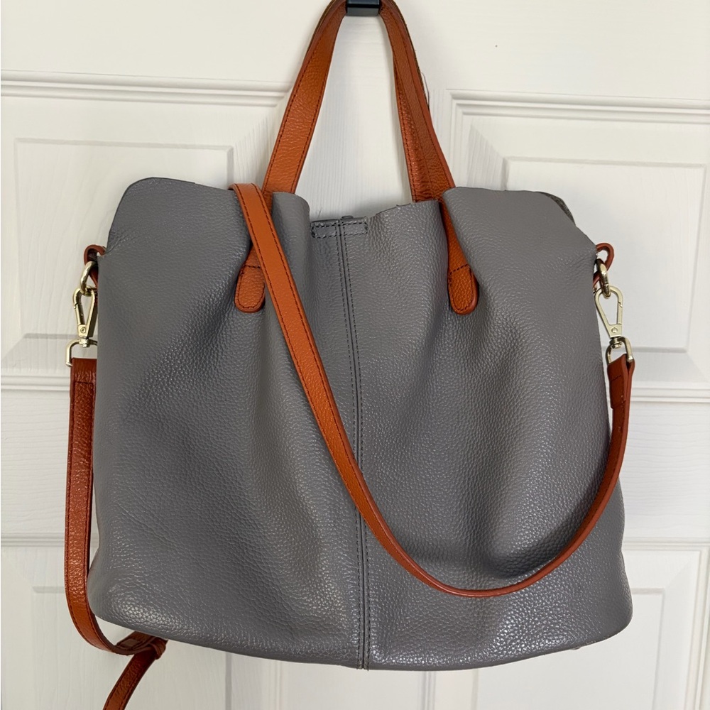 Gray and Tan Leather Tote Bag